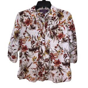 Gloria Vanderbilt Size XS White Floral Linen Blend 3/4 Sleeve Top Blouse Shirt